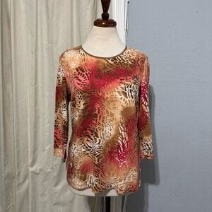 JM Collection Women Tan & Red Round Neck‎ Bohemian Long Sleeve Blouse Size L